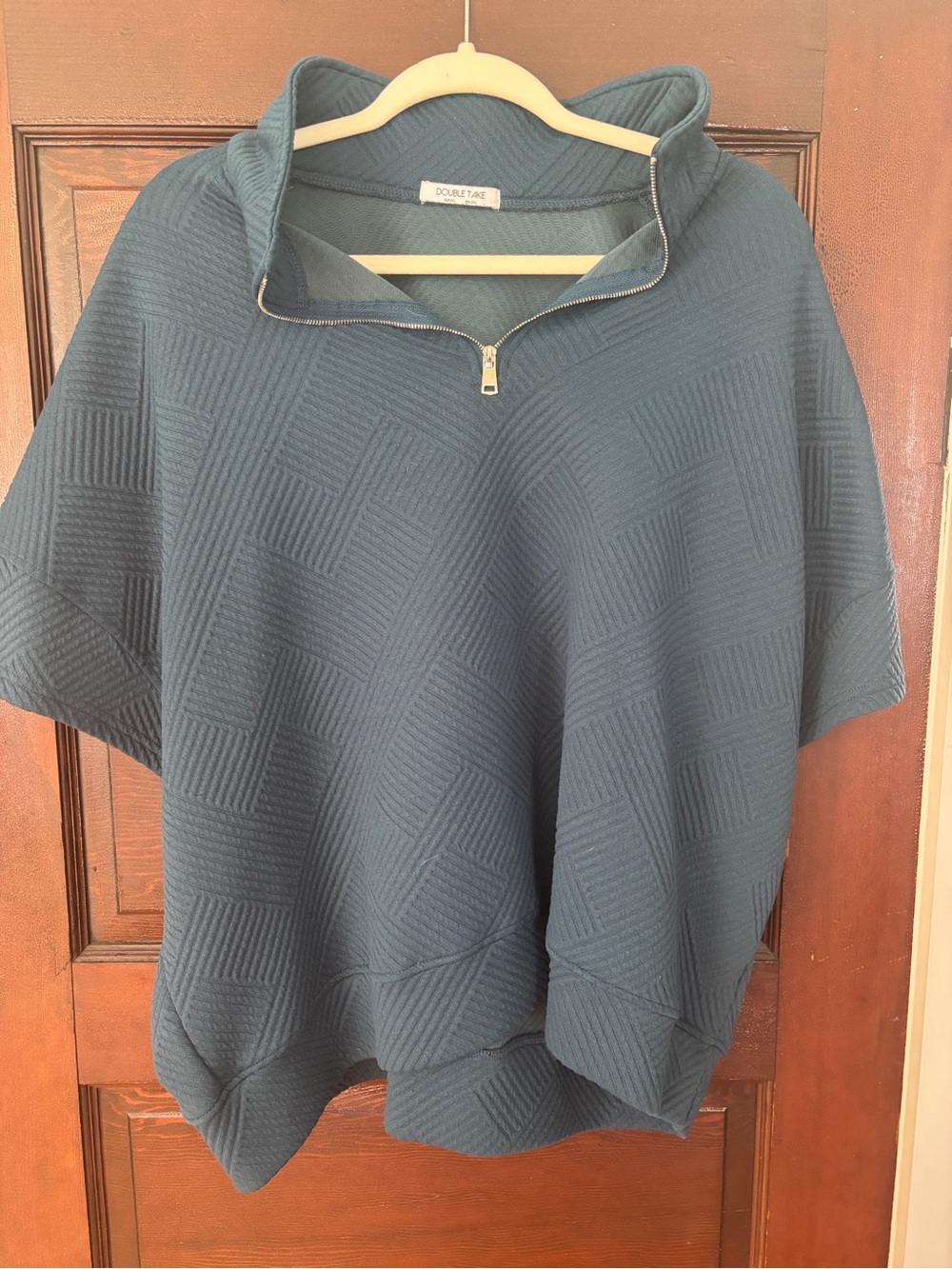 Double Take Women's Teal Quarter-Zip Textured Pullover Top